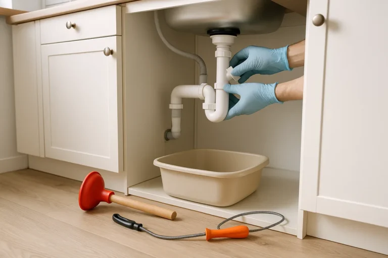 Siphon d'évier démonté au-dessus d'une bassine, avec une ventouse et un furet pour déboucher la canalisation