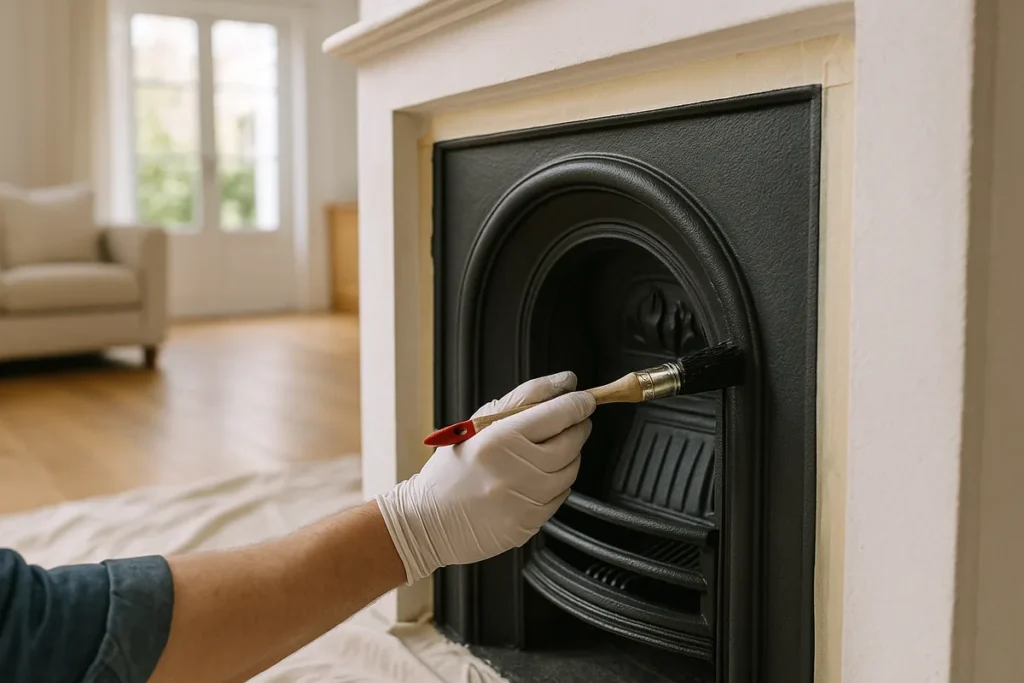 Application de peinture haute température noire sur un foyer de cheminée en fonte